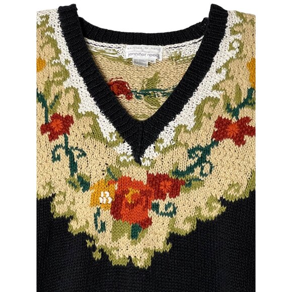 Jennifer Reed Hand-Knitted Floral V-Neck Sweater M Heavy Cotton/Ramie Boho - Picture 2 of 12